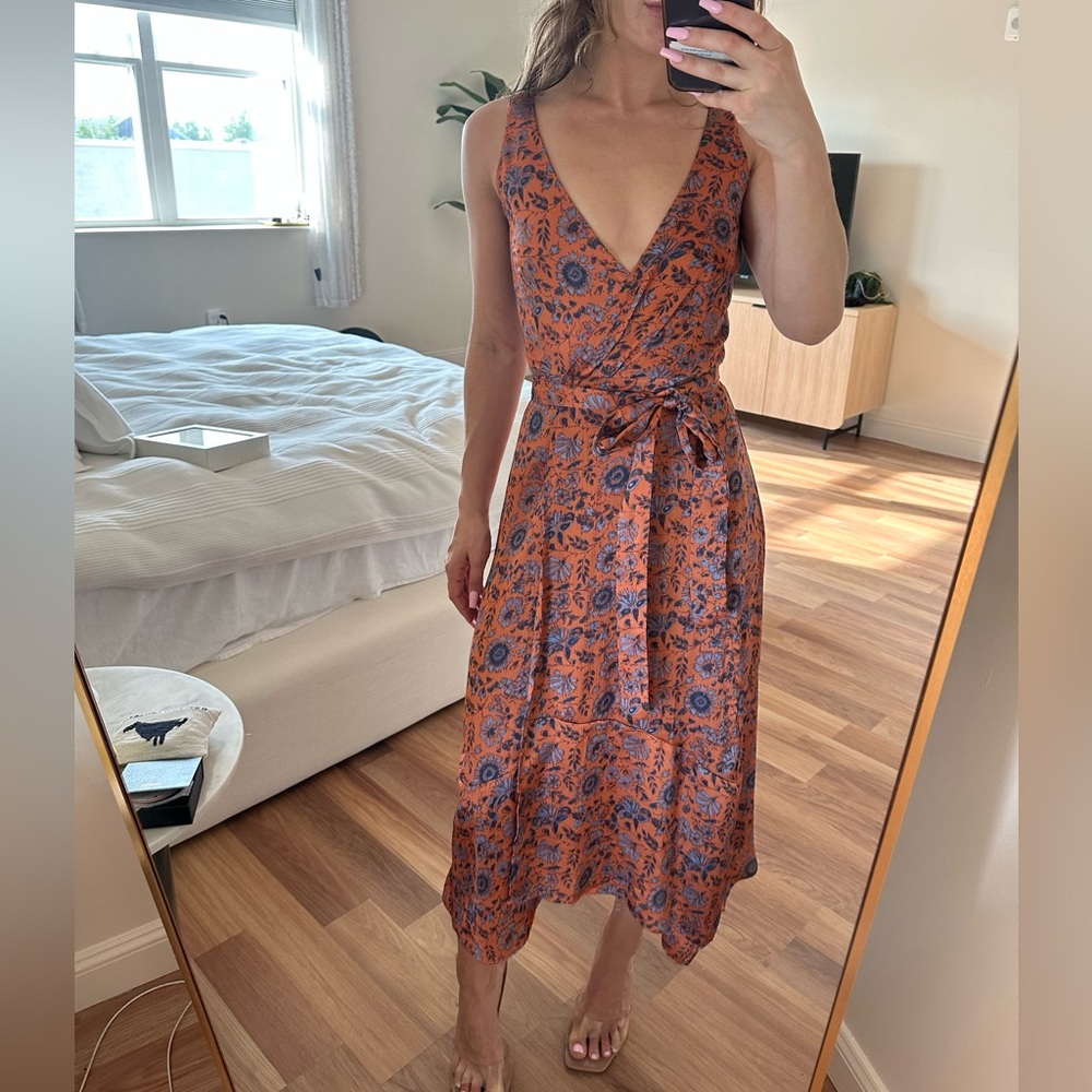 Floral V-Neck Wrap Dress - Orange and Blue